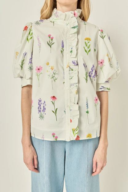 Ruffle Neck Button Down Blouse - White Multi