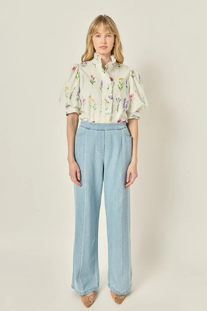 Ruffle Neck Button Down Blouse - White Multi