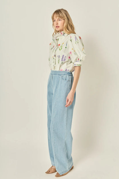 Ruffle Neck Button Down Blouse - White Multi