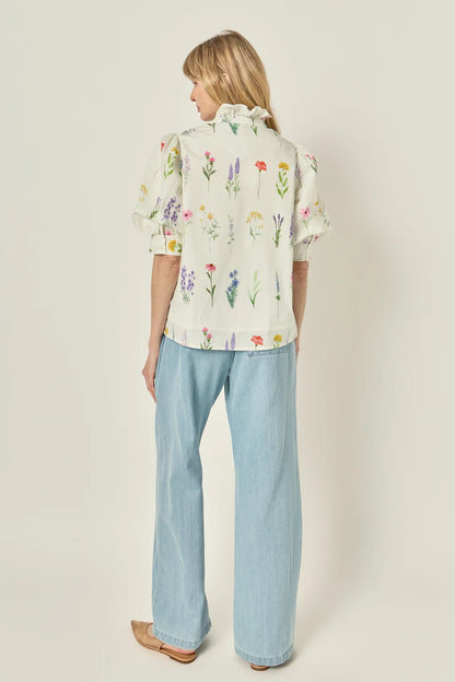 Ruffle Neck Button Down Blouse - White Multi