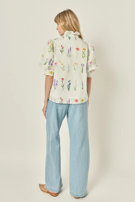 Ruffle Neck Button Down Blouse - White Multi