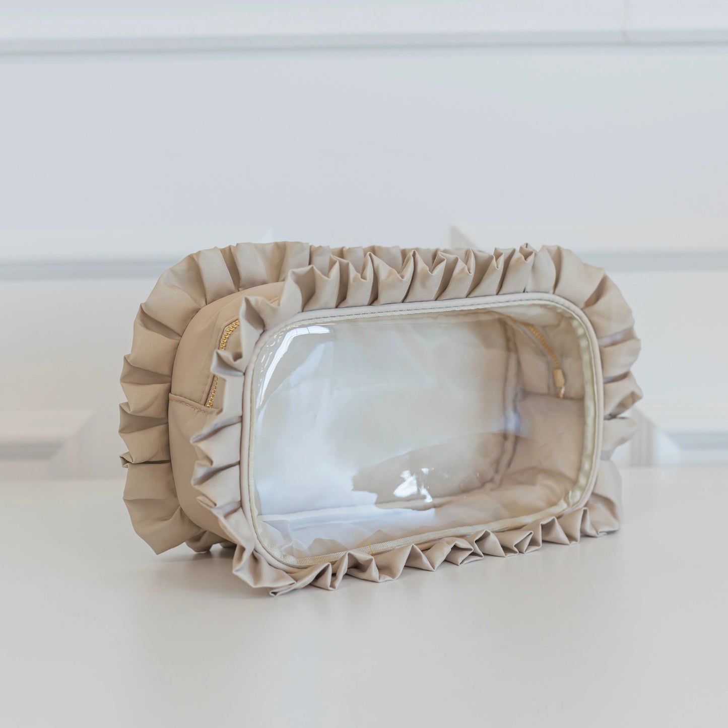 Ruffled Nylon Large Clear Pouch - Nude