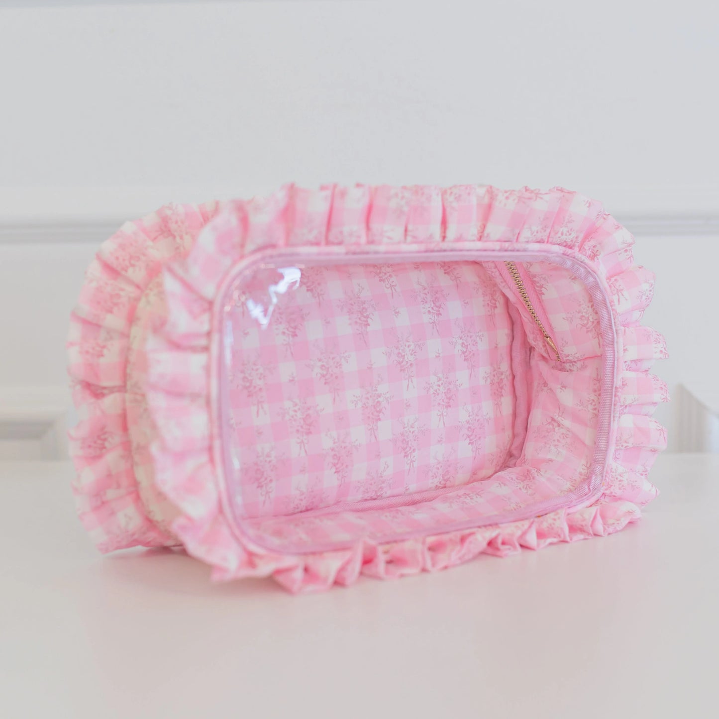 Ruffled Nylon Large Clear Pouch - Pink Floral