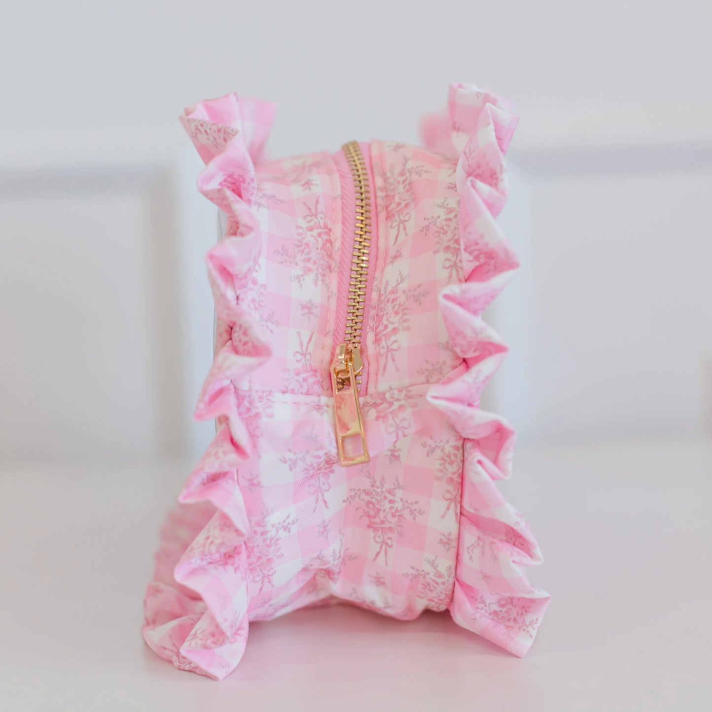 Ruffled Nylon Large Clear Pouch - Pink Floral