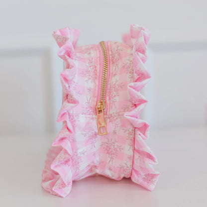 Ruffled Nylon Large Clear Pouch - Pink Floral