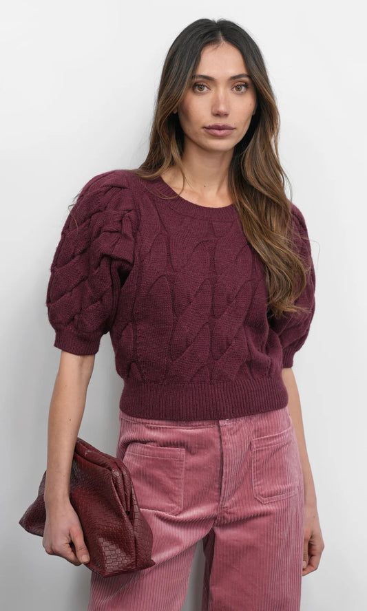 Hallie Cable Knit Puff Sleeve Sweater Top - Aubergine