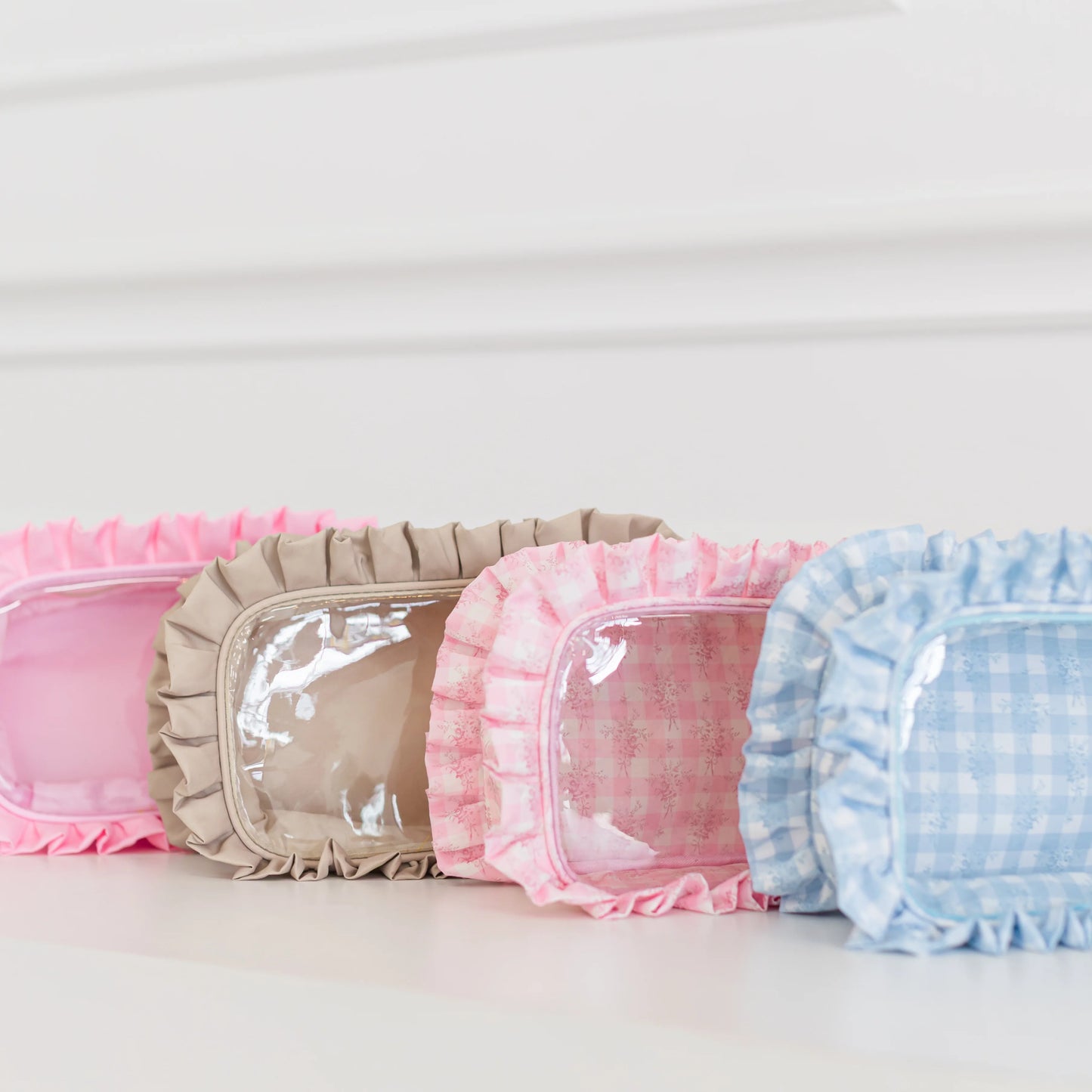 Ruffled Nylon Large Clear Pouch - Pink Floral