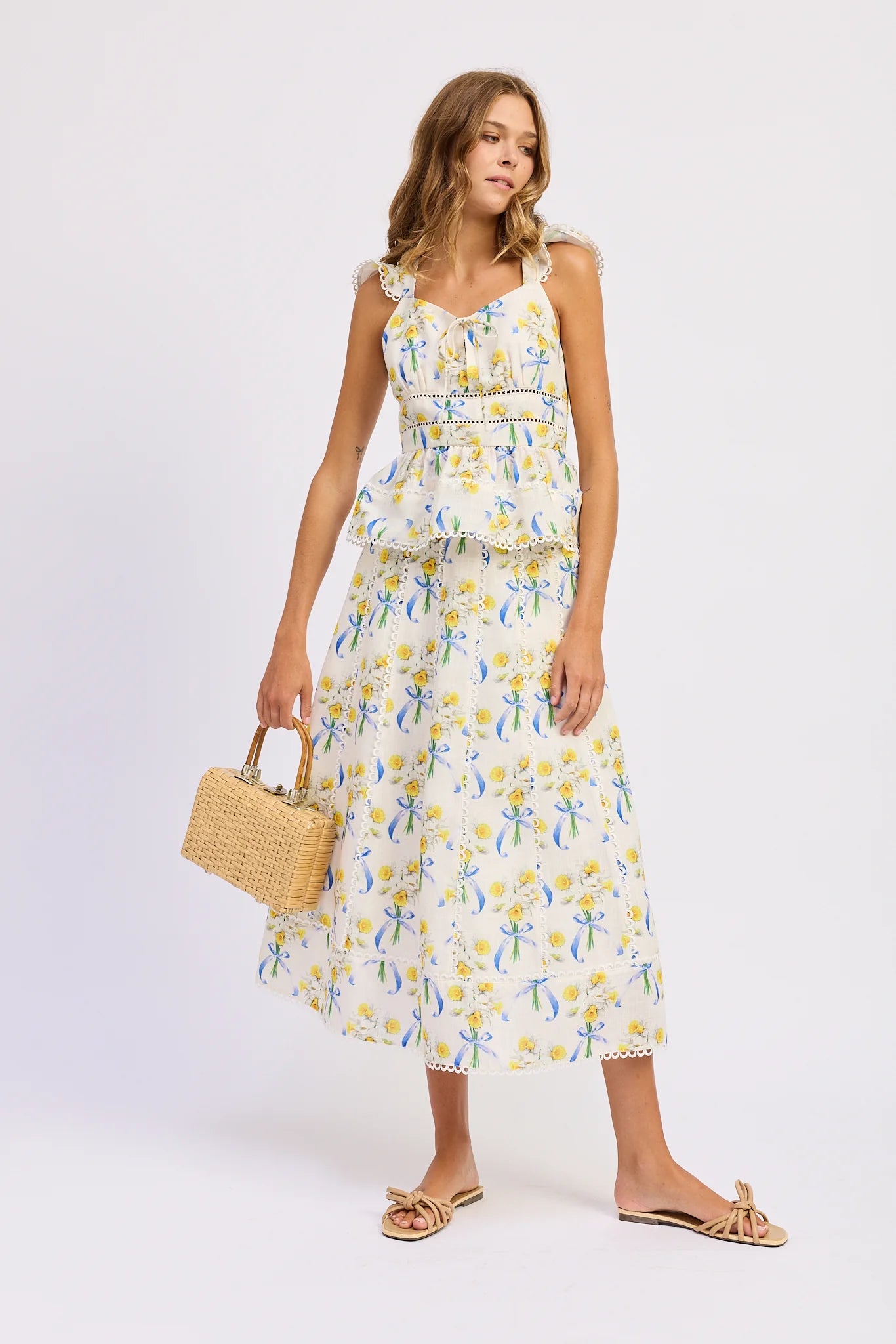 Audrey Midi Skirt - White/Yellow/Blue - Spinout