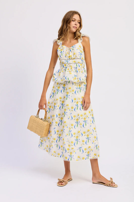 Audrey Midi Skirt - White/Yellow/Blue - Spinout