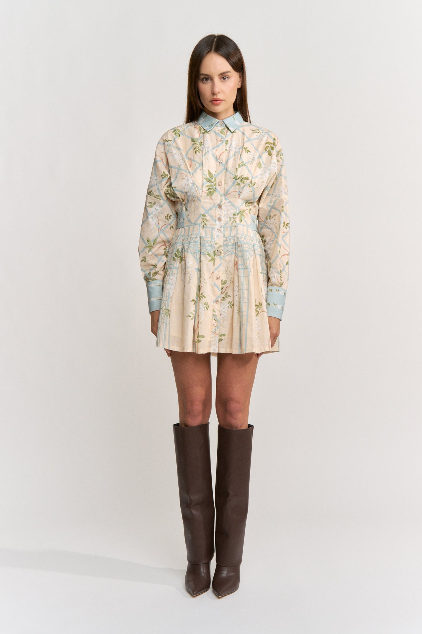 Georgina Mini Shirt Dress - Cream Blue Olive