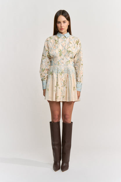 Georgina Mini Shirt Dress - Cream Blue Olive