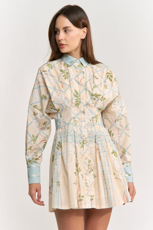 Georgina Mini Shirt Dress - Cream Blue Olive