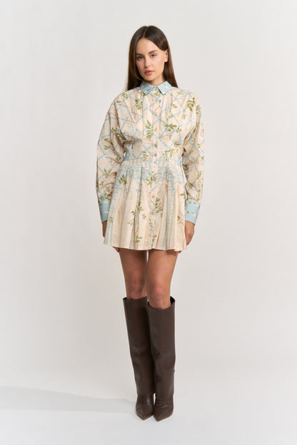 Georgina Mini Shirt Dress - Cream Blue Olive