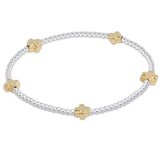 eNewton - Signature Cross Sterling Mixed Metal Pattern 2mm Bead Bracelet - Gold