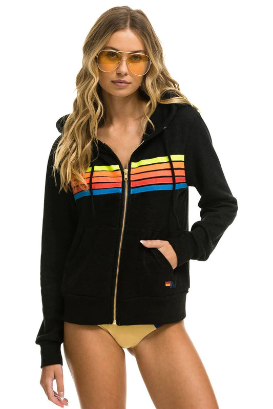 Aviator Nation - 5 Stripe Zip Up Hoodie Jacket - Black/Neon Rainbow