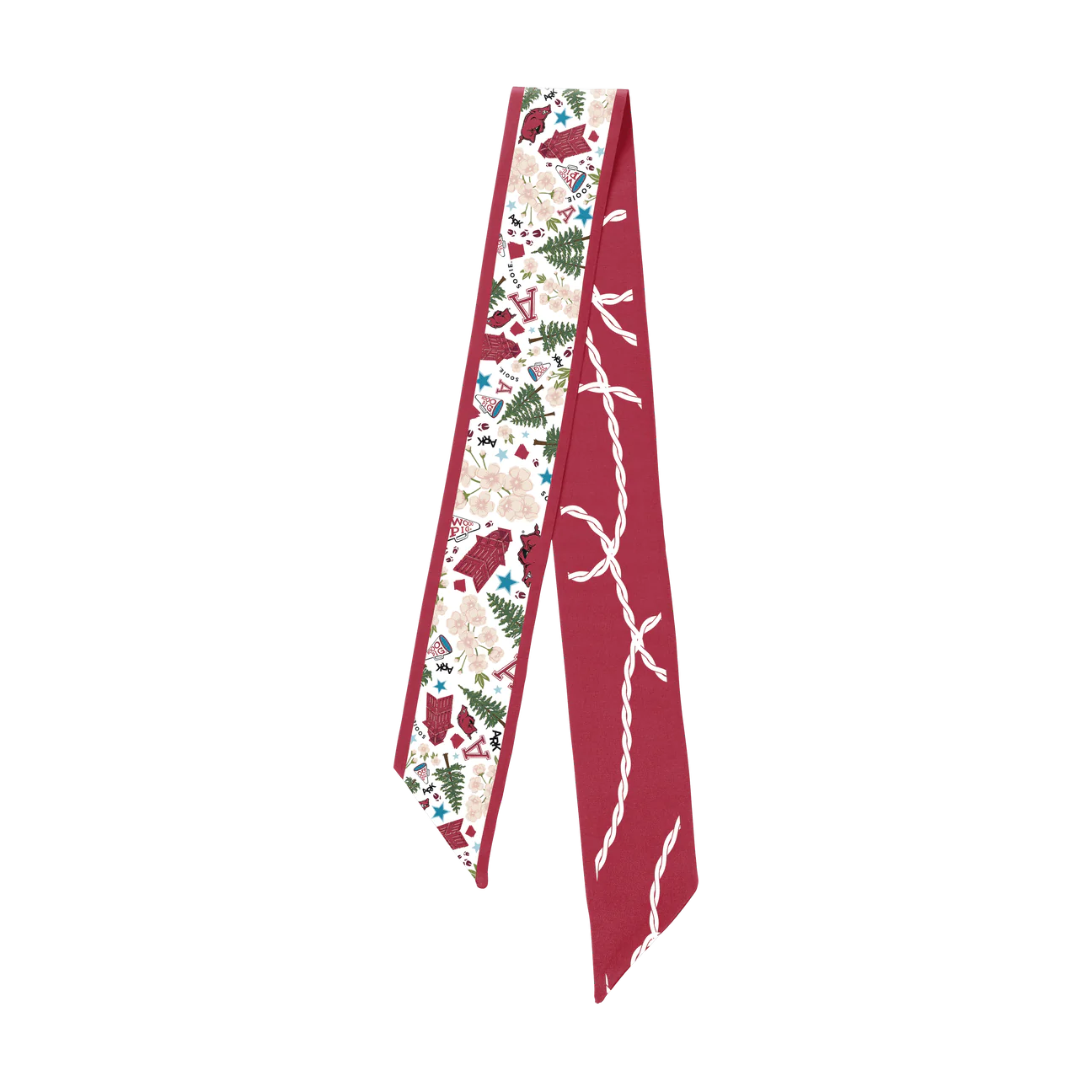 Arkansas Razorbacks Twilly Silk Scarf featuring bold Razorback graphics, classic red and white team colors, and decorative patterns highlighting school spirit and style.