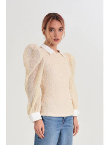 CIEBON - Camielle Puff Sleeve Knit Top with Collar - Cream