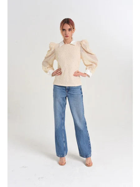 CIEBON - Camielle Puff Sleeve Knit Top with Collar - Cream