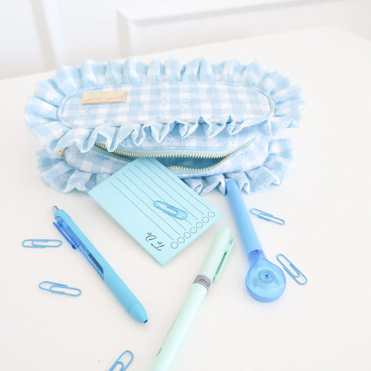 Ruffled Nylon Pencil Bag - Blue Floral