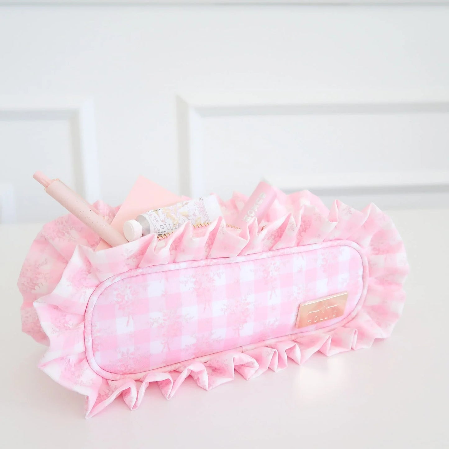 Ruffled Nylon Pencil Bag - Pink Floral