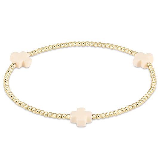 eNewton - Signature Cross Gold Pattern 3mm Bead Bracelet - Off-White