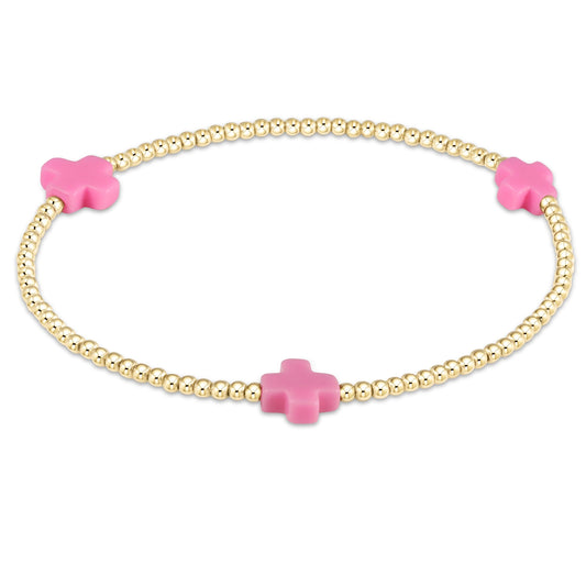 eNewton - Signature Cross Gold Pattern 3mm Bead Bracelet - Bright Pink