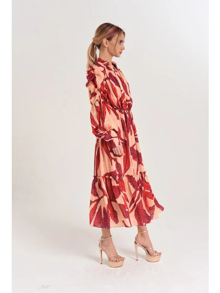 CIEBON - Carla Printed Floral Ruched Sleeve Midi Dress - Red Multi