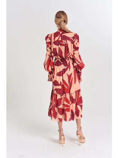 CIEBON - Carla Printed Floral Ruched Sleeve Midi Dress - Red Multi