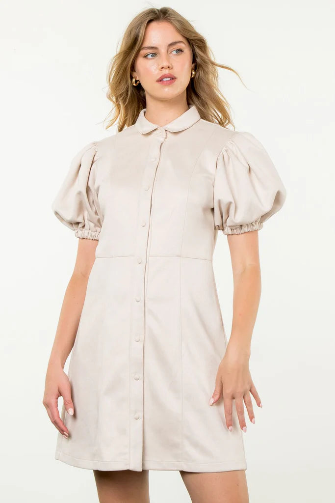 THML - Puff Sleeve Suede Button Up Dress - Cream