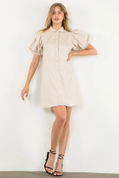 THML - Puff Sleeve Suede Button Up Dress - Cream