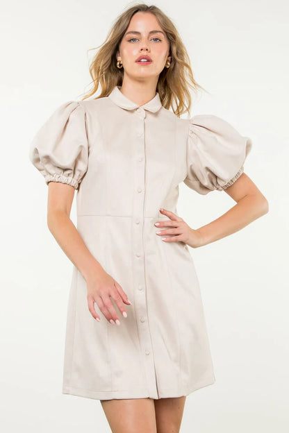 THML - Puff Sleeve Suede Button Up Dress - Cream