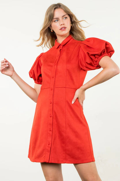 THML - Puff Sleeve Suede Button Up Dress - Red