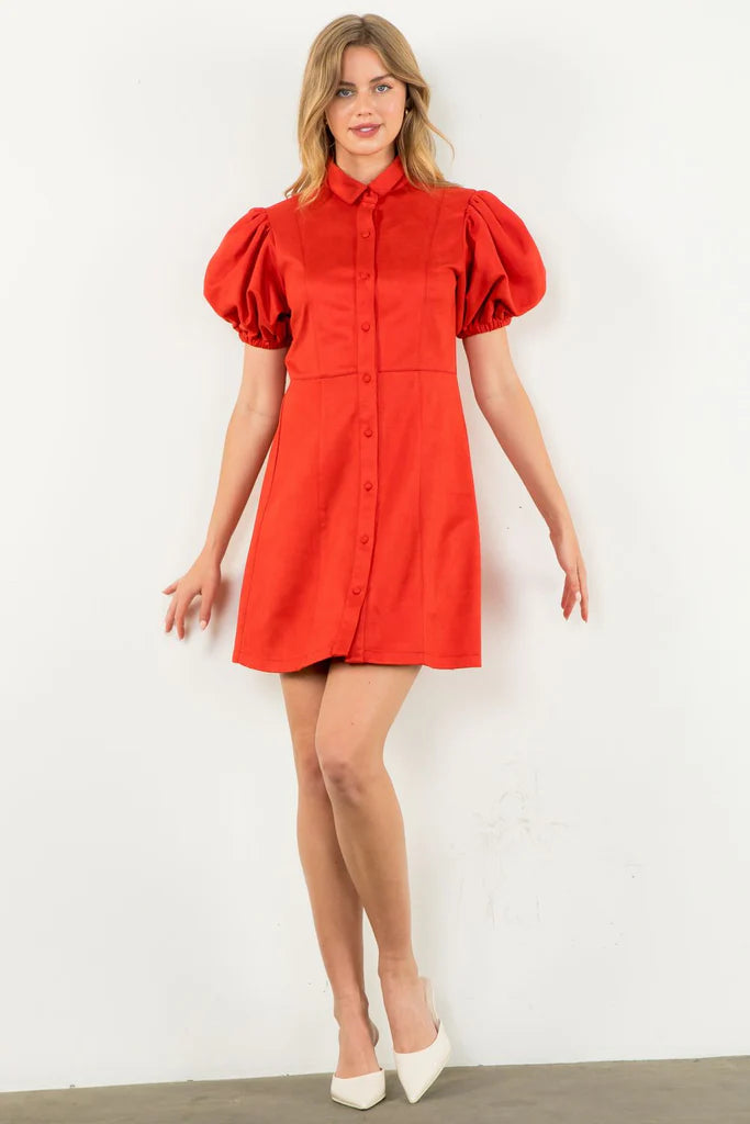 THML - Puff Sleeve Suede Button Up Dress - Red