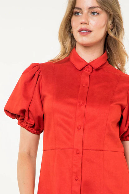 THML - Puff Sleeve Suede Button Up Dress - Red