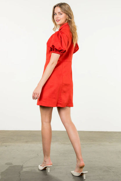 THML - Puff Sleeve Suede Button Up Dress - Red