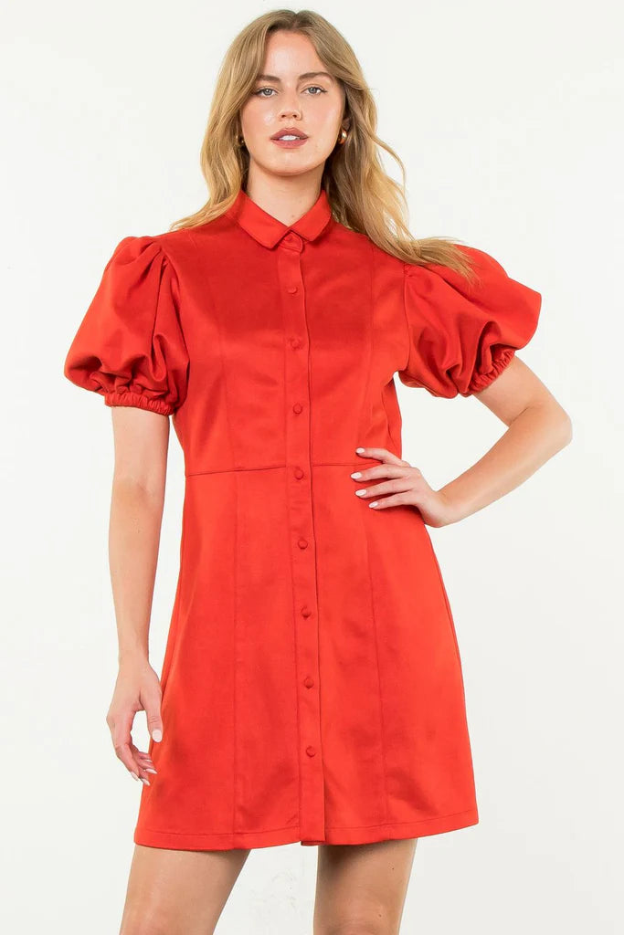 THML - Puff Sleeve Suede Button Up Dress - Red