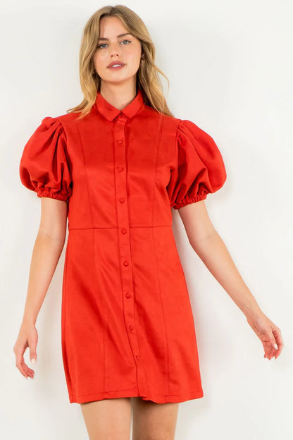 THML - Puff Sleeve Suede Button Up Dress - Red