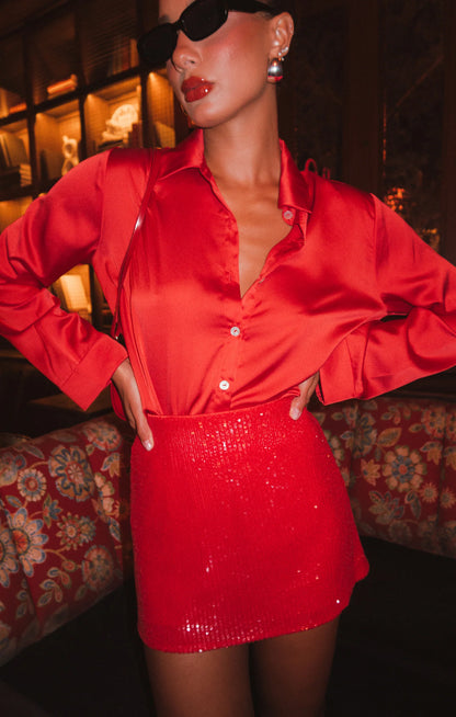 Show Me Your Mumu - Smith Button Down - Red Luxe Satin