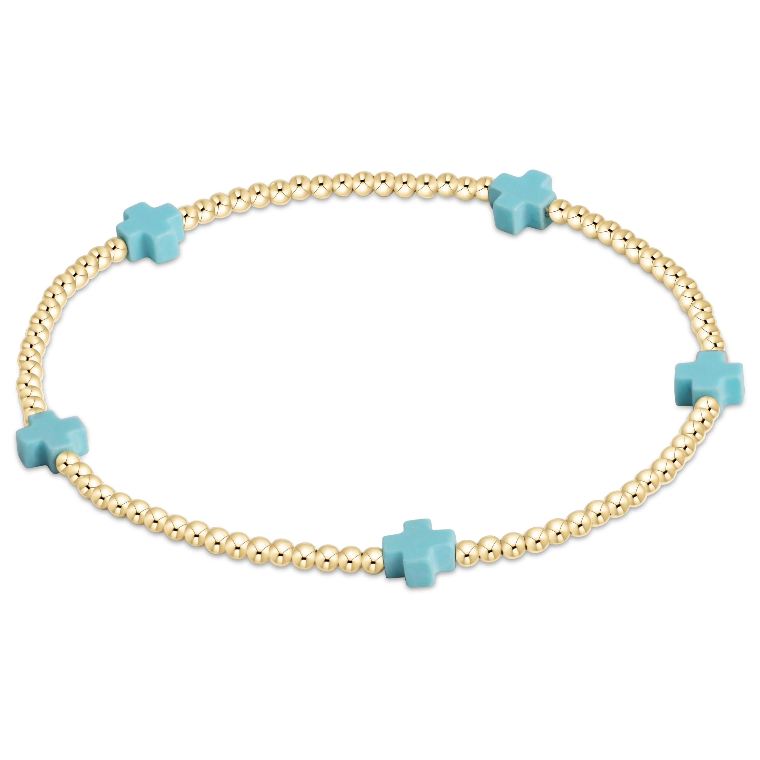 eGirl - Signature Cross Small Gold Pattern 2mm Bead Bracelet - Turquoise