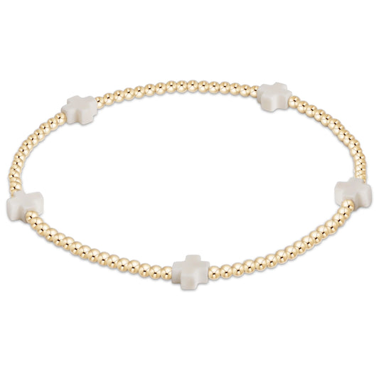 eNewton - Signature Cross Small Gold Pattern 2mm Bead Bracelet - Off-White