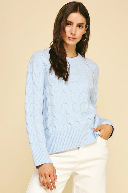 Cable Knit Crew Neck Sweater - Baby Blue