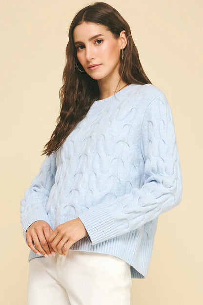 Cable Knit Crew Neck Sweater - Baby Blue