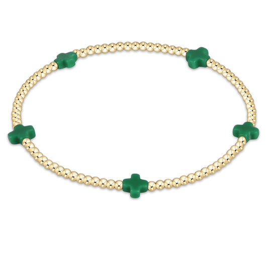 eNewton - Signature Cross Small Gold Pattern 2mm Bead Bracelet - Emerald