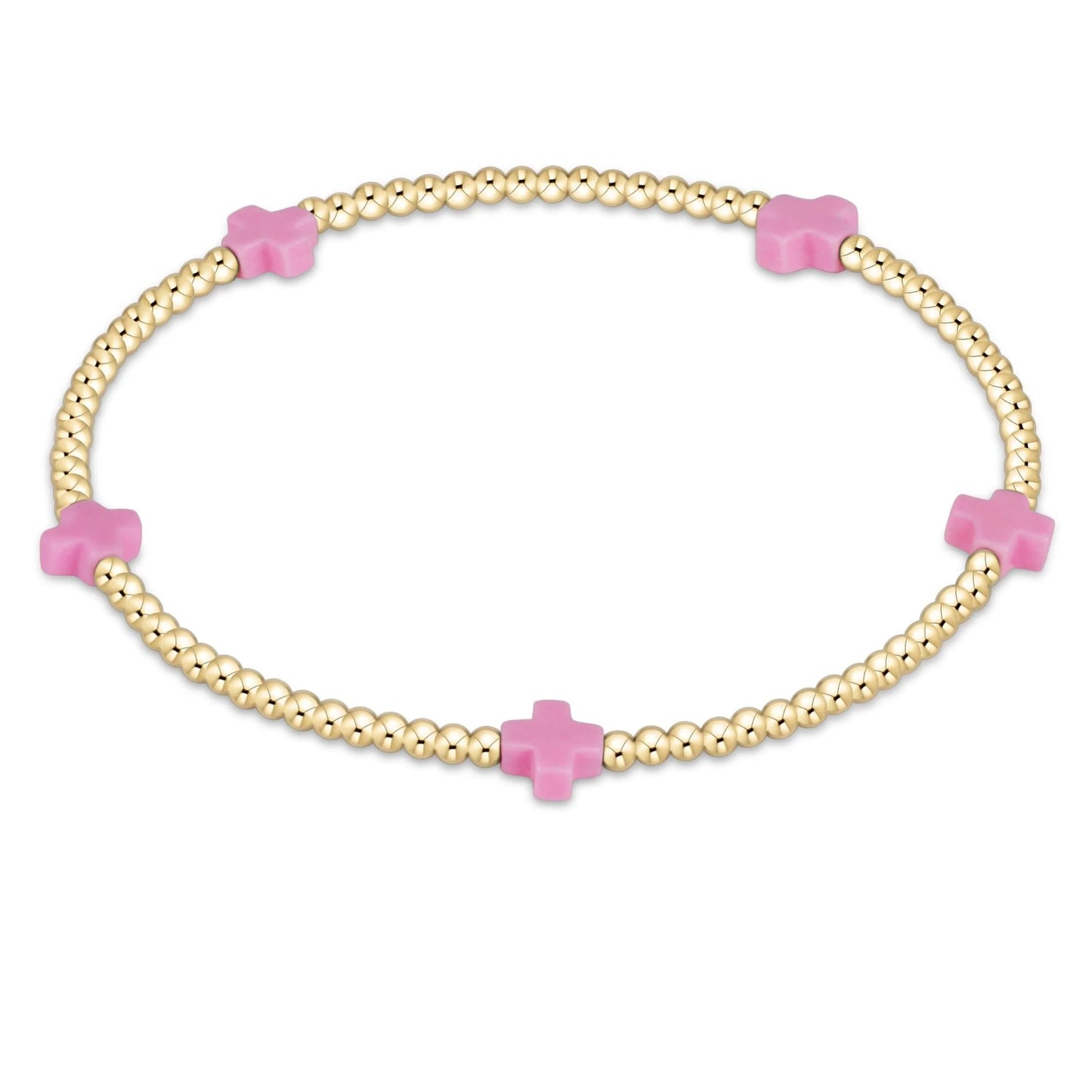eNewton - Signature Cross Small Gold Pattern 2mm Bead Bracelet - Bright Pink