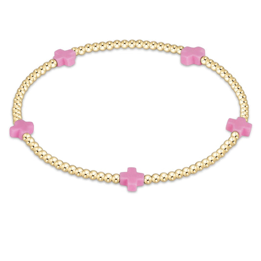 eNewton - Signature Cross Small Gold Pattern 2mm Bead Bracelet - Bright Pink