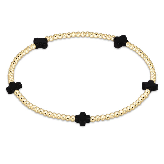 eNewton - Signature Cross Small Gold Pattern 2mm Bead Bracelet - Onyx