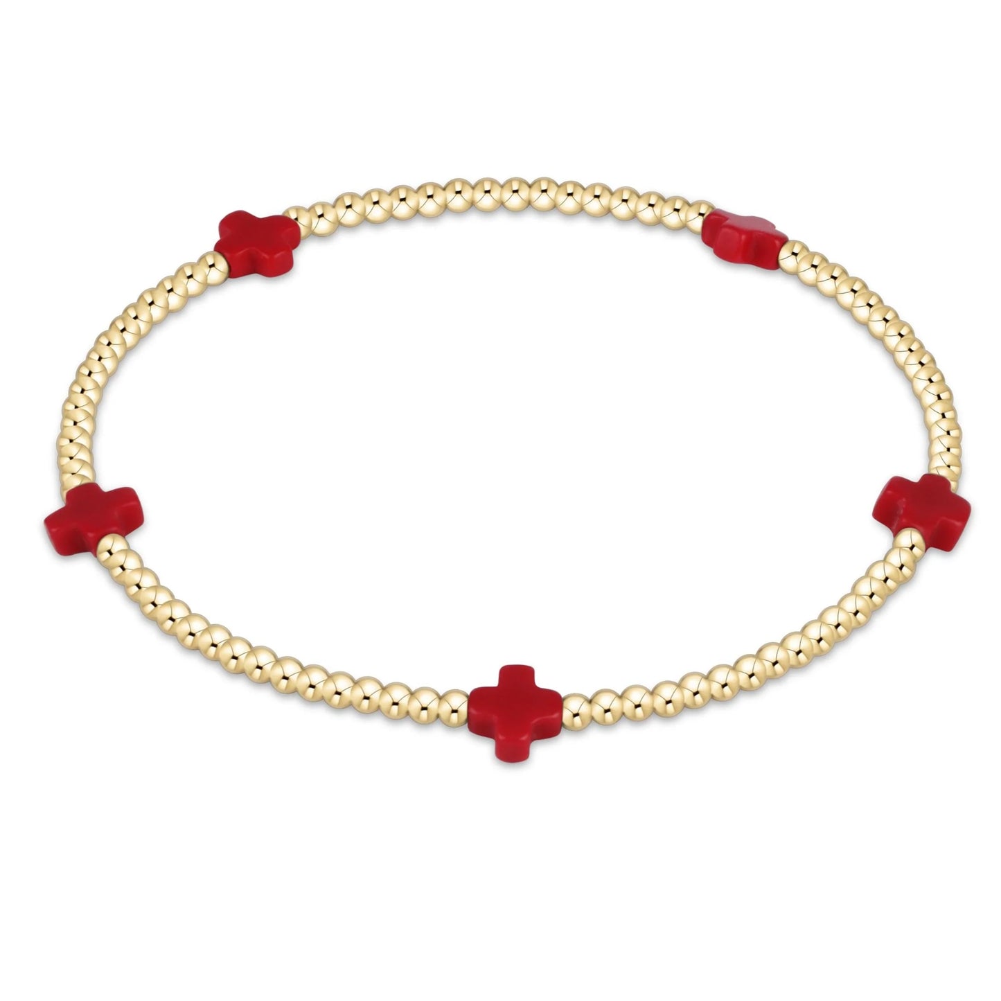 eNewton - Signature Cross Small Gold Pattern 2mm Bead Bracelet - Red