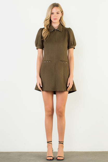 Suede Short Sleeve Dress - Olive