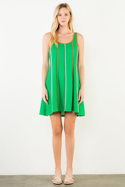 Thin Strap Striped Dress - Green