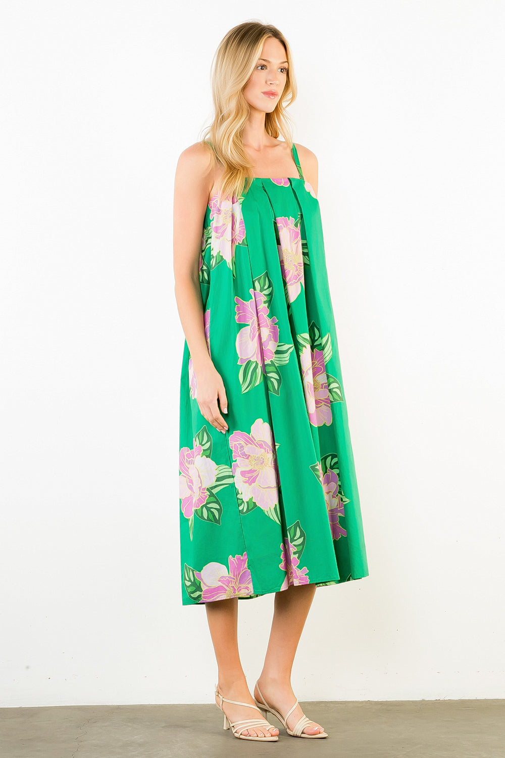 Thin Strap Floral Print Dress - Green